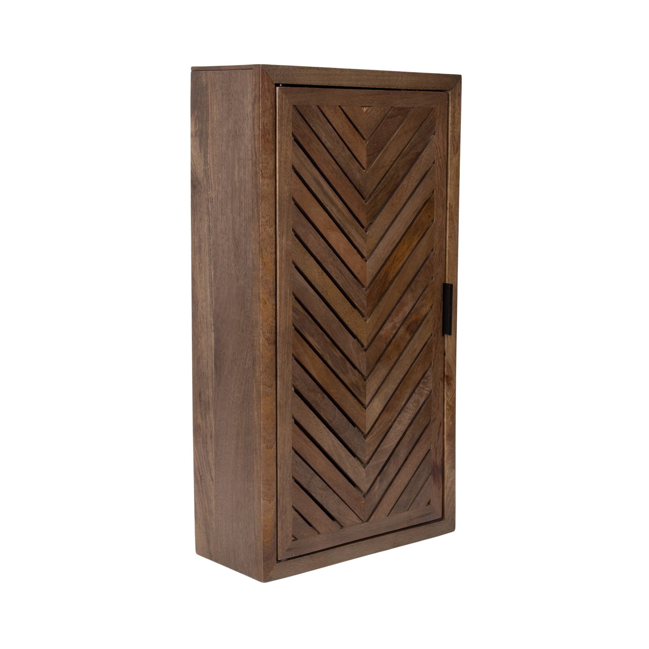 Kate and Laurel Mezzeta Decorative Modern One-Door Floating Bathroom Cabinet, 15 x 7 x 28, Brown, Decorative Over Toilet Storage Cabinet Made from Solid Mango Wood with Slatted Chevron Design