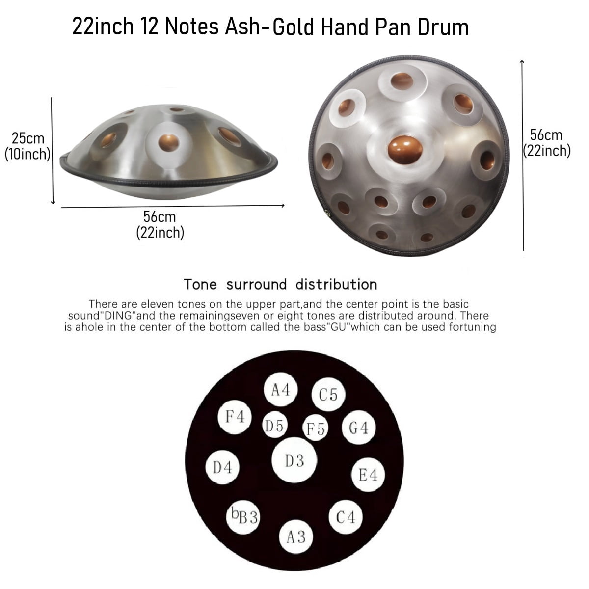 Latourreg 440HZ 22 Inch 12 Notes Ash-gold Handpan Drum D Minor Steel Tongue Drum with Soft Bag