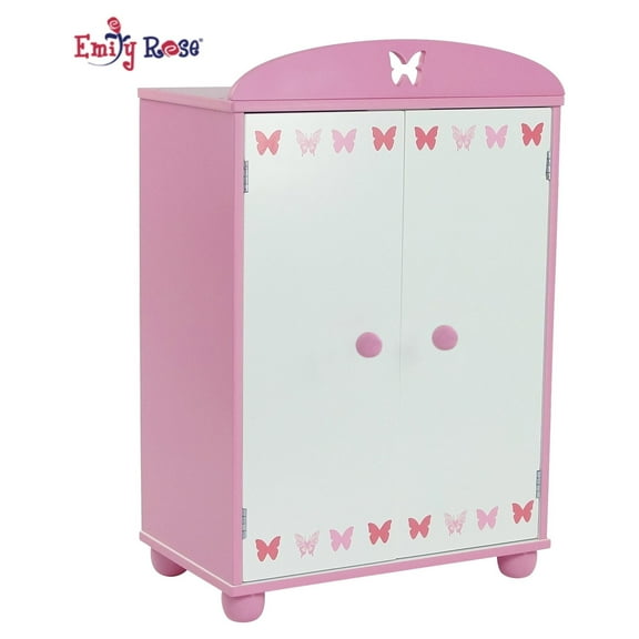 Emily Rose 18 Inch Doll Armoire Storage Closet with 5 Doll Clothes Hangers - Pink Butterfly Collection