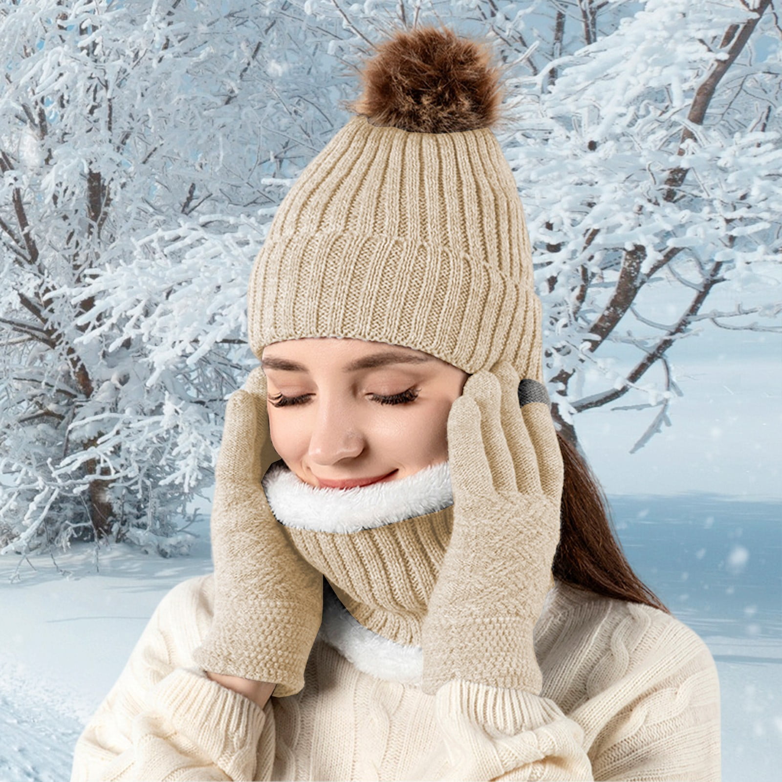 WNFJR Winter Hat Scarf Glove Set for Women - Thermal Beanie with Pom Pom, Thickened Knit Scarf, Touchscreen Non-Slip Gloves