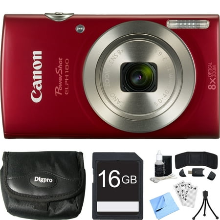 Canon PowerShot ELPH 180 20MP HD Red Digital Camera 16GB Card Bundle includes Camera, 16GB Memory Card, Reader, Wallet, Case, Mini Tripod, Screen Protectors, Cleaning Kit and Beach Camera