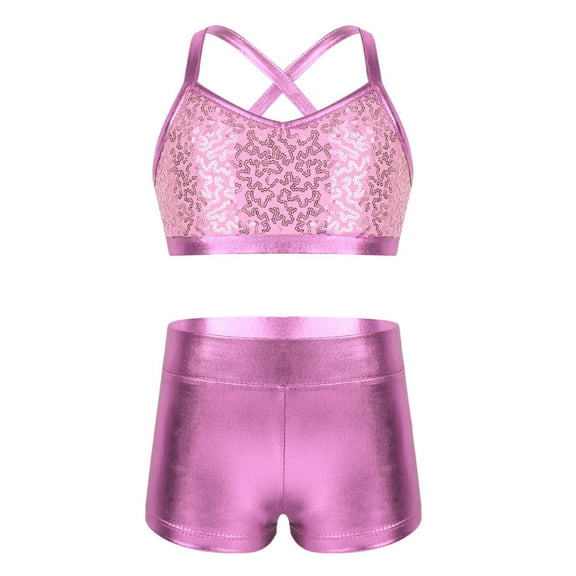 Zaldita Kids Girls Sequins Crop Top and Shorts Set Ballet Dance Gymnastics Outfits Jazz Hip-hop Dance Costumes Pink 7-8