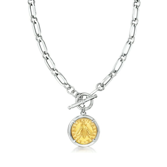 Ross-Simons Italian Replica Bee Lira Coin Necklace in Sterling Silver and 18kt Gold Over Sterling, Women's, Adult
