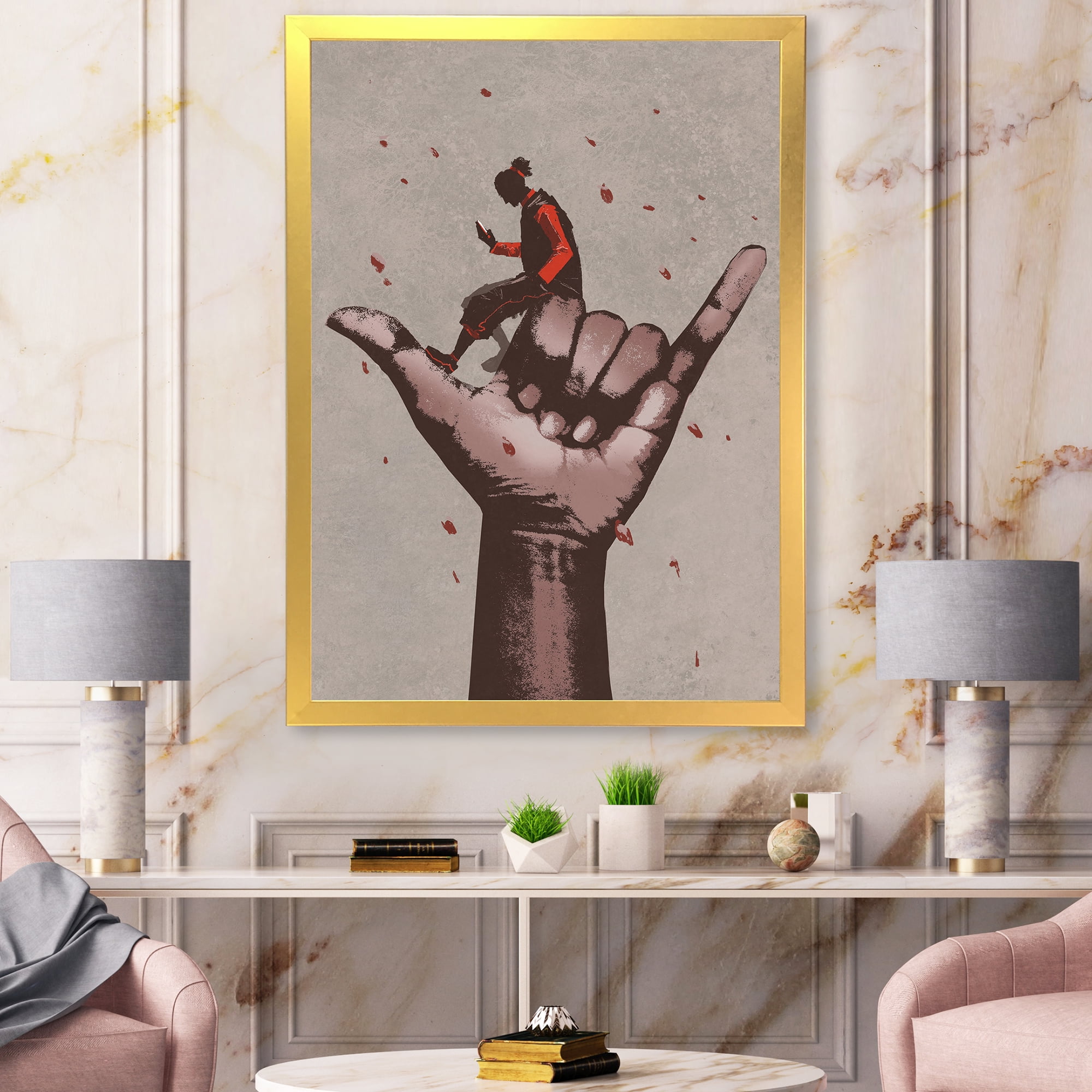 Designart 'Man Using Mobile Phone With Call Me Sign' Modern Framed Art Print