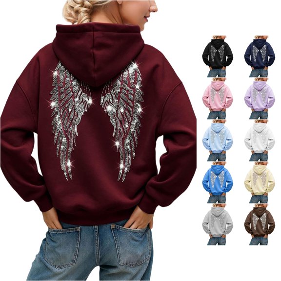 OSOLU Women's Oversized Hoodies Sparkly Rhinestone Wing Decor Back Long Sleeve Casual Sweatshirts Red