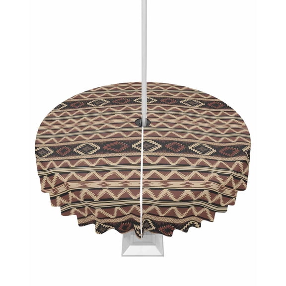 Hokiten Outdoor Tablecloths with Umbrella Hole & Zipper, Brown Geometric Round Tablecloths 60 Inch, Southwestern Ethnic Vintage Waterproof Table Cloth, Patio/Pool/Picnic Table Covers