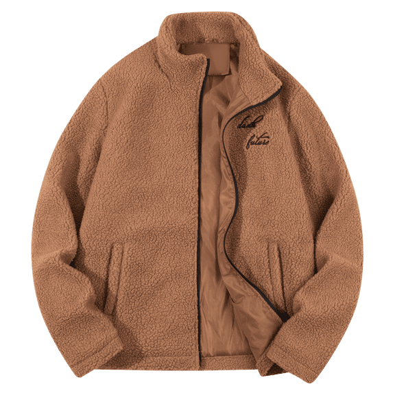 Men's Fleece Jacket Warm Lined Stand Collar Jackets Brown Size 2XL