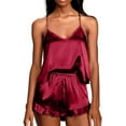 thumbnail image 3 of Valcatch Women Silk Ruffle Short Pajamas Camisole Set Loose Set Home Set Casual Sleepwear Set Soild Color V Neck Set, 3 of 7