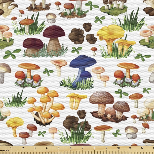 Mushroom Fabric by the Yard Upholstery, Pattern Types of Mushrooms Wild