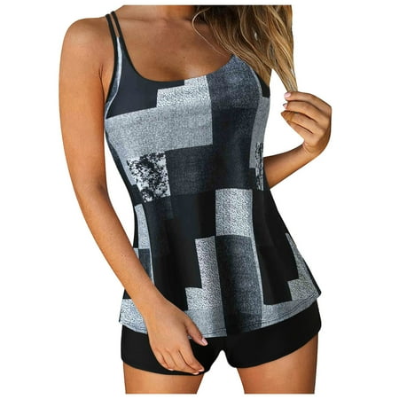 high waisted bathing suit for women plus size solid Tankini Swimsuits for Women 2 Piece Bathing Suits Tops with Boyshorts Loose Fit Swimwear #03 Grey S