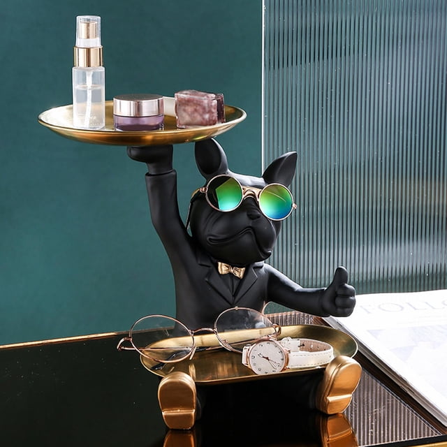Estatuilla de Perro de Escultura Francesa con Bandeja Organizador de Escritorio Estatua de Resina para Decoración de Mesa de Salón , negro Fernando llavero de estatua de resina