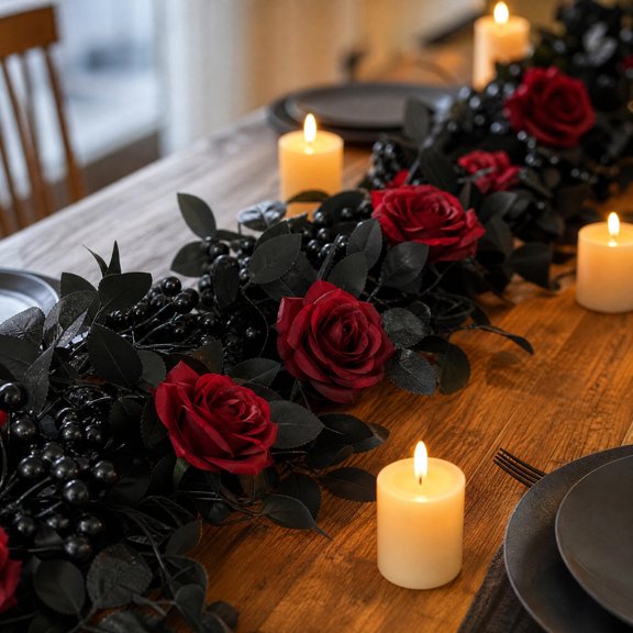 Halloween Garland 6.6 Ft Black Artificial Vine with Red Roses and Berries, Gothic Fade Resistant Plastic Hanging Decor for Mantel Staircase Doorway Party