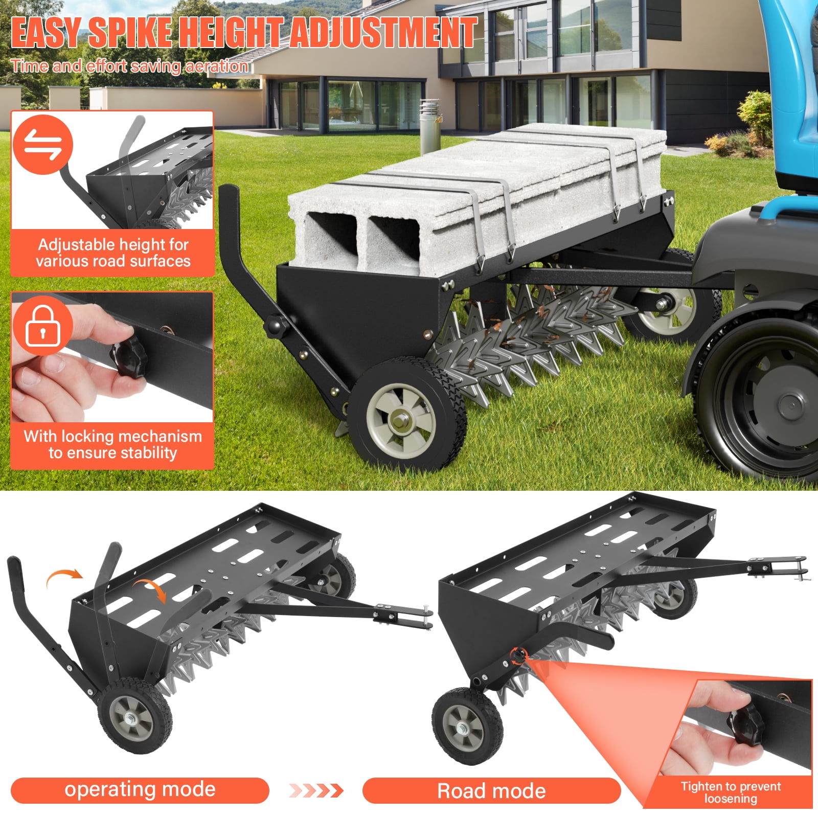 40-Inch Tow Behind Plug Aerator with Transport Wheels, Galvanized Steel Tines & Extra-Wide Tow Bar, Pull Behind Aerator for Gardens, Lawns, Farms