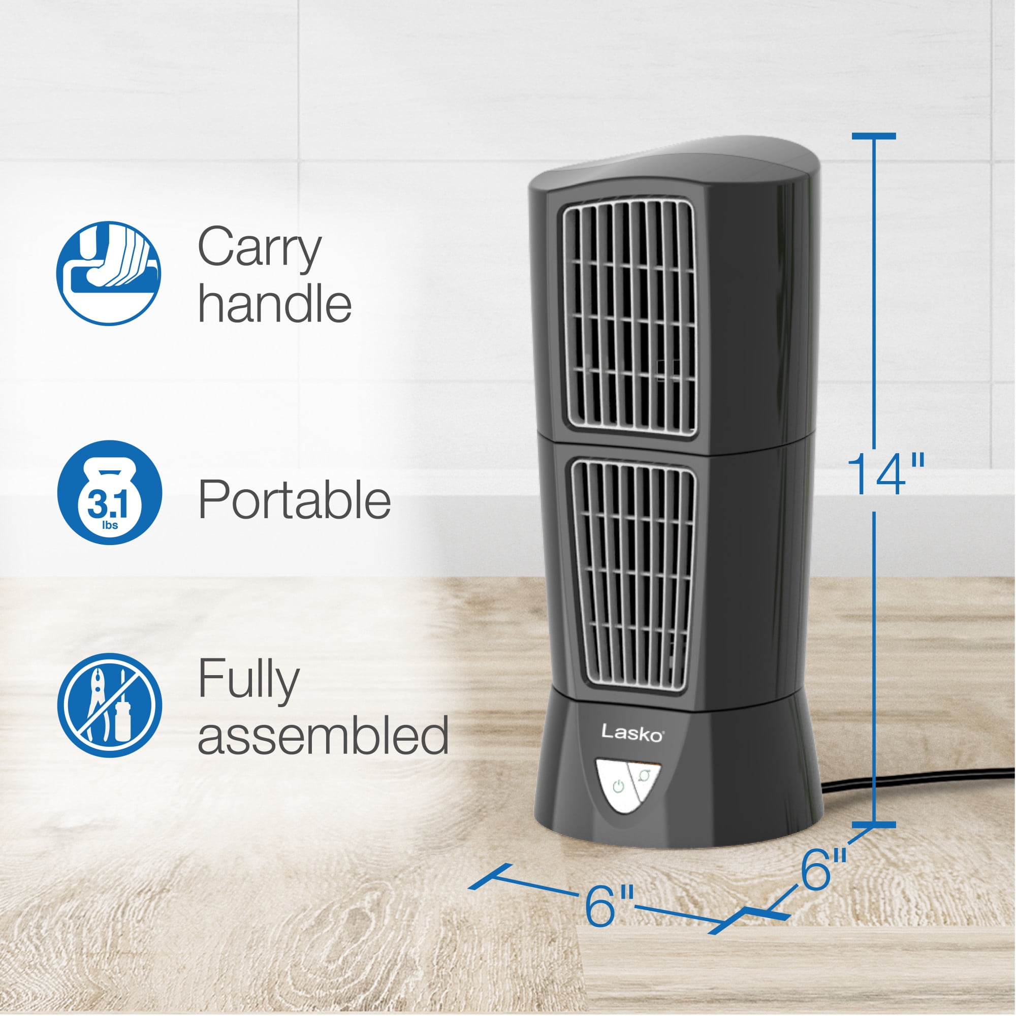 Lasko Platinum Wind Tower 14" 3-Speed Oscillating Table Tower Fan with Pivoting Airflow, Portable Desktop Fan, Black, 4916