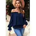 thumbnail image 4 of ABPHQTO Blusa azul marino con hombros descubiertos y manga abullonada con volantes para mujer, 4 of 5