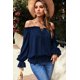thumbnail image 4 of ABPHQTO Blusa azul marino con hombros descubiertos y manga abullonada con volantes para mujer, 4 of 5