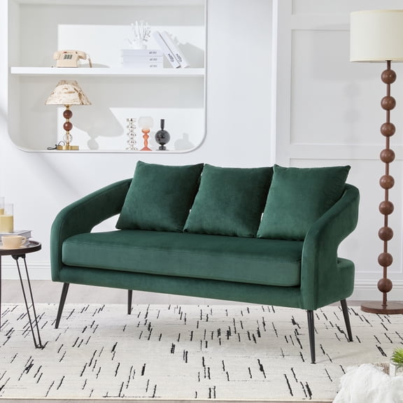 Miekor Furniture 53.7" Modern Upholstered Velvet Open Back Loveseat Settee with 3 Pillows,Small Comfy Sofa 2-Seater Mini Sofa for Small Space with Metal Legs, Green MK8469