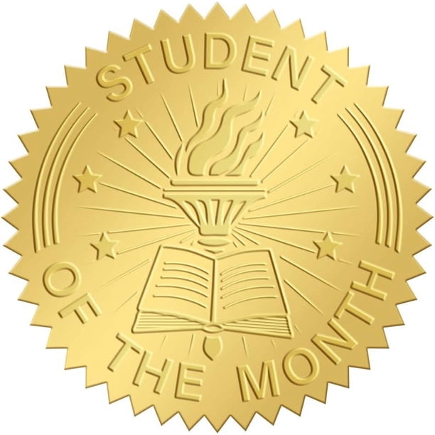 Sellos adhesivos para sobres con relieve dorado de 2 pulgadas "Estudiante del mes", 100 unidades