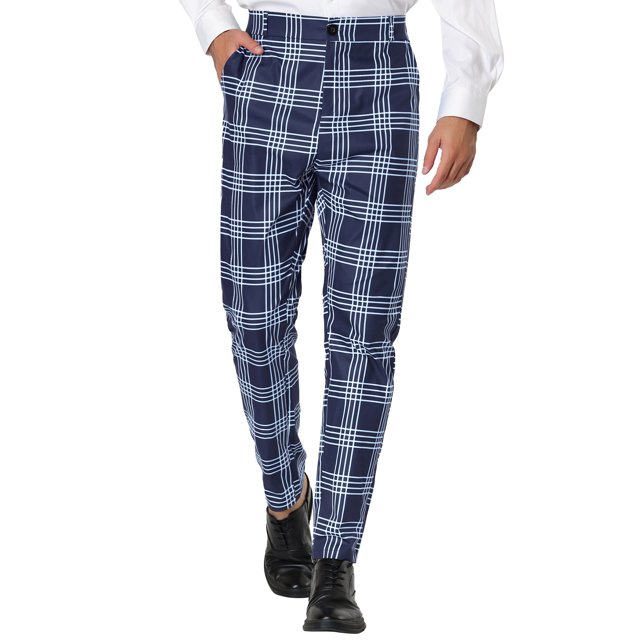 INSPIRE CHIC Men's Dress Plaid Printed Business Checked Pants 32 Navy Blue