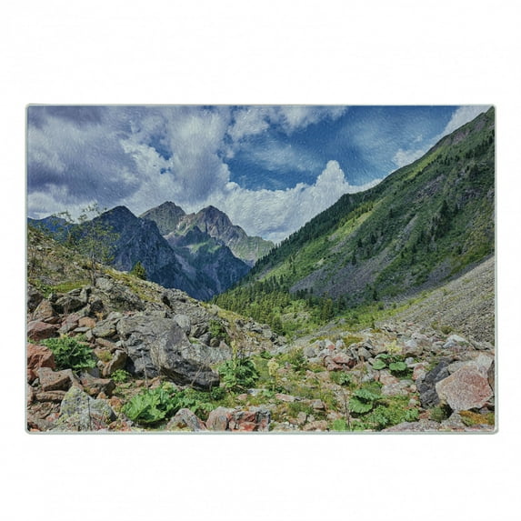 Landscape Cutting Board, Mountains Wild Rhubarb Natural View Eastern Siberia Scenic Scenery Cloudy Sky, Decorative Tempered Glass Cutting and Serving Board, Small Size, Multicolor, by Ambesonne