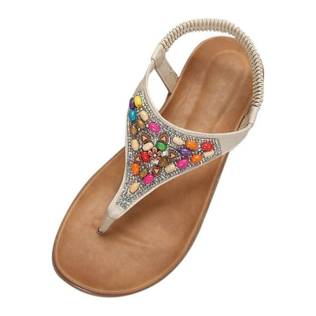 

Flat Sandals for Women Ladies Flip Flops Toe Post Thong Flatform Sandals Beaded Strap Sandals Rhinestone Leather Sandals Summer Beach Shoes for Indoor and Outdoor