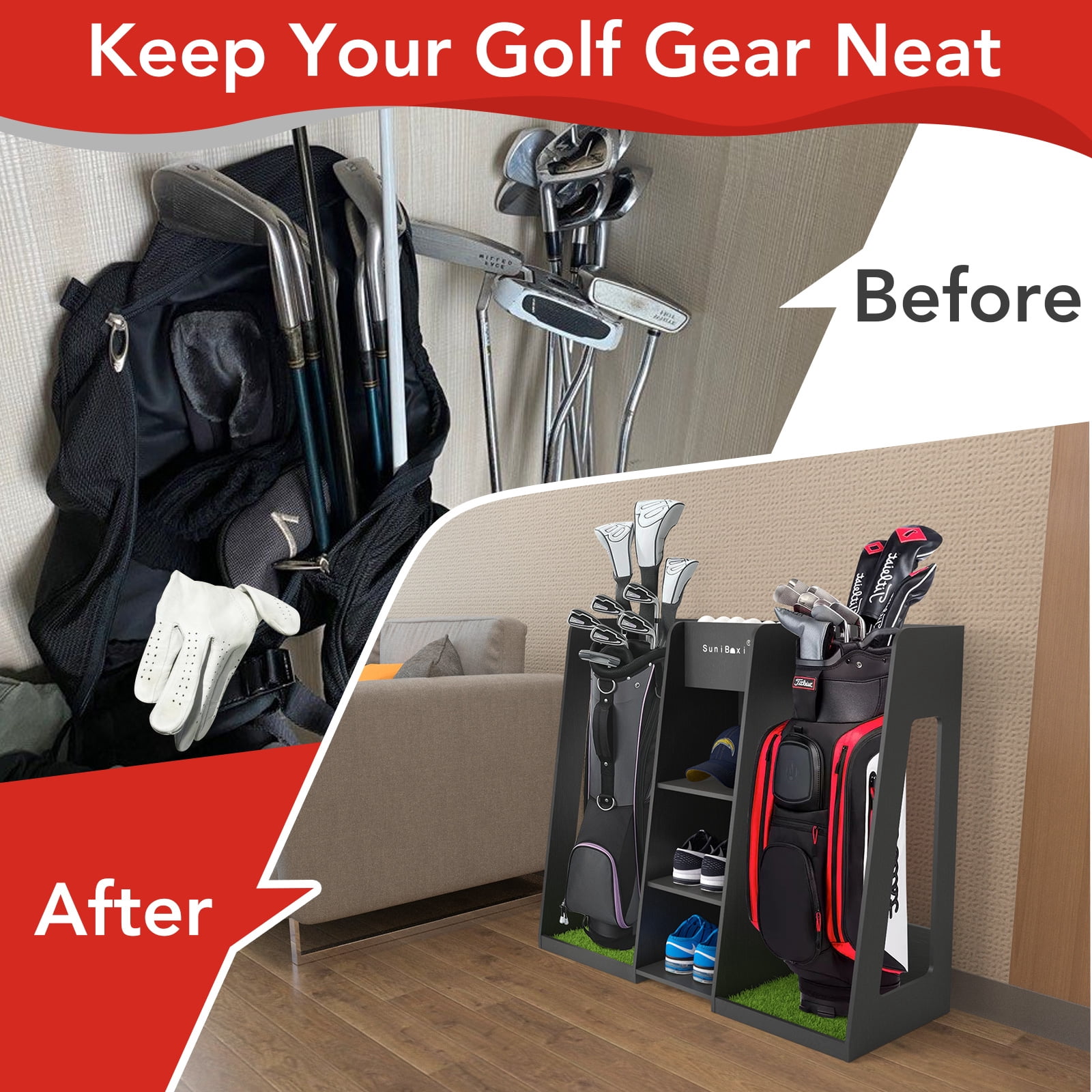 Golf Bag Organizer Storage Rack Stand Holder Fits 2 Extra Large Golf Club Bags and Multiple Golfing Equipment Accessories Great Gifts for Any Skill Level Golfer in Garage Shed Basement Indoor Outdoor