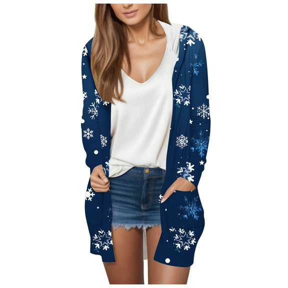 ibuvkizy Cardigan Sweaters for Women,Christmas Cardigans for Women 2025 Women Printing Long Sleeve Casual Tops Blouse with Pocket Hooded Cardigan Outwear Blue,S