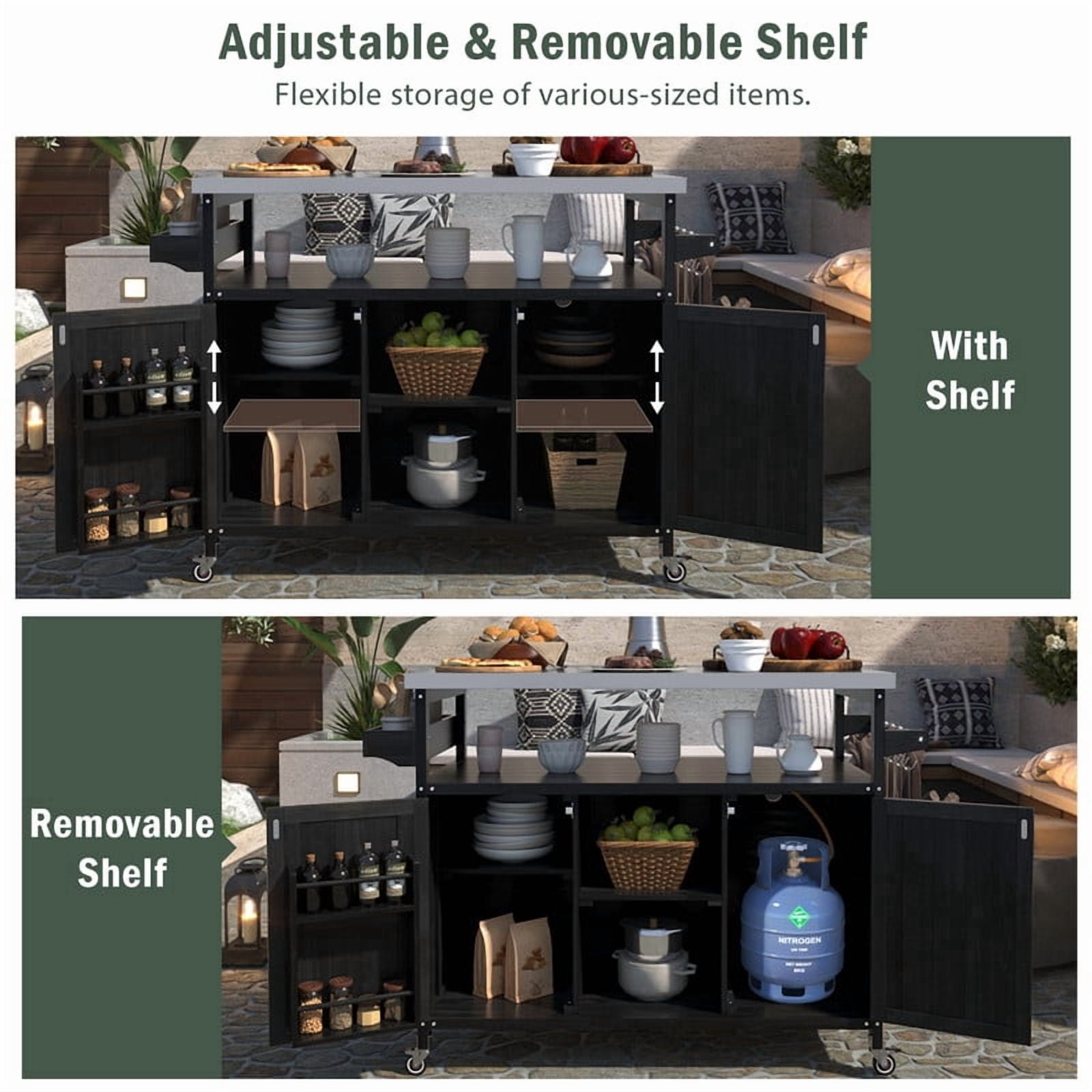Outdoor Kitchen Island with Stainless Steel Top, Wood Grill Cart Storage Cabinet with Adjustable Shelf, Outdoor Grill Table with Spice Rack & Towel Rack