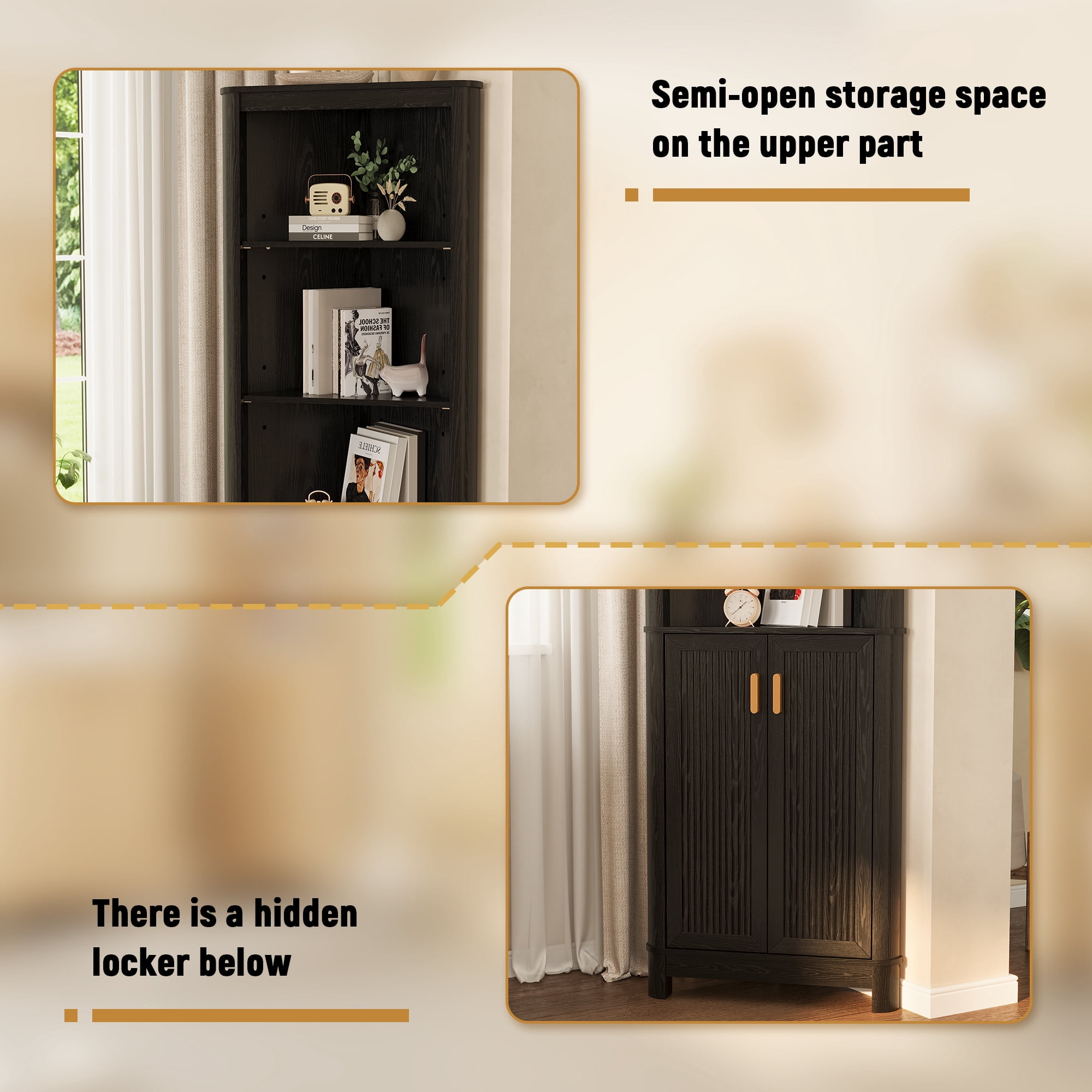 68" Tall Fluted Corner Cabinet for Bathroom, Modern Living Room & Kitchen - 5 Adjustable Shelves, Space-Saving Black Storage, Curved Profile Design