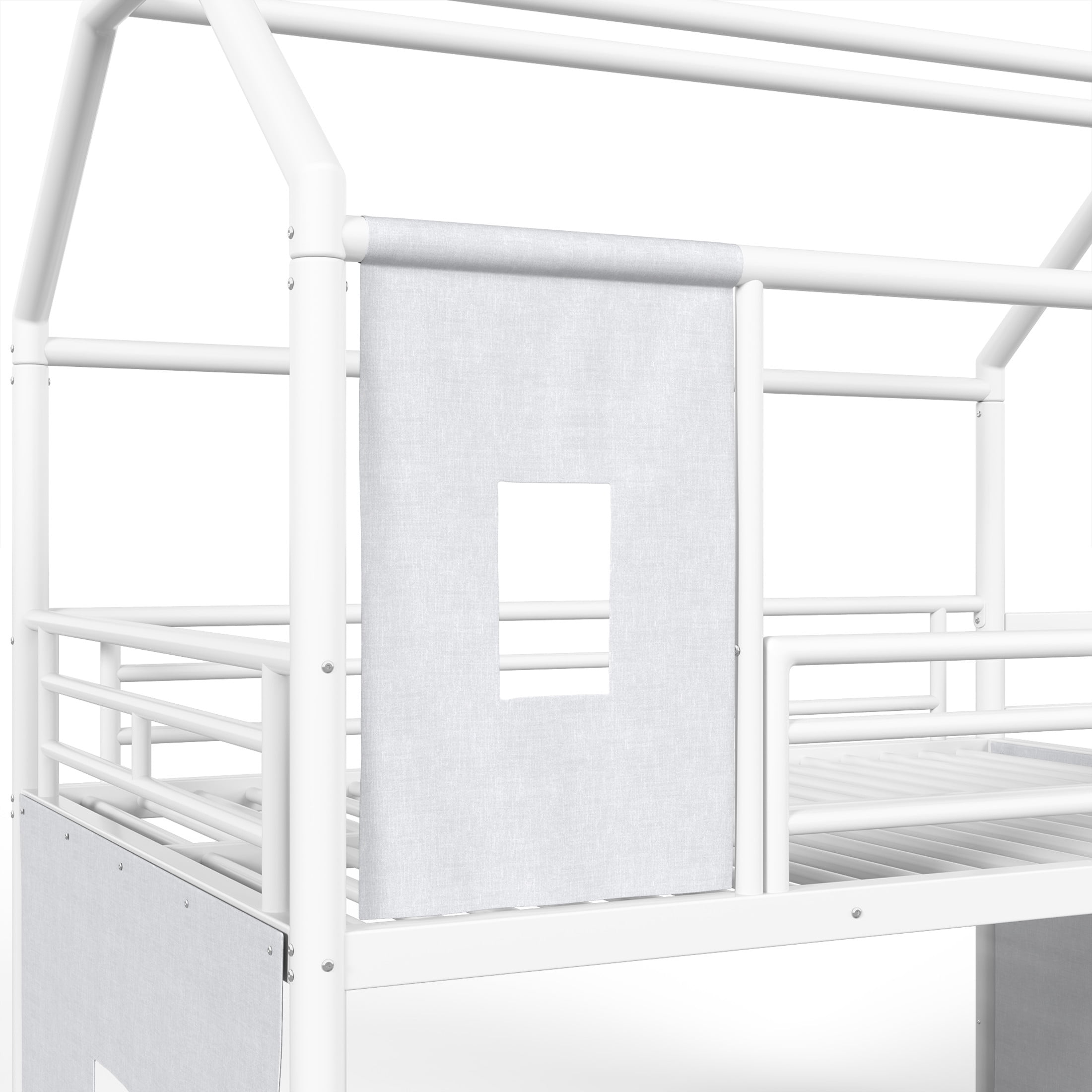 GDF Studio Full over Full Playhouse Bunk Bed with Slide, Ladder, LED Light, Cabinet & Curtain Rod, White