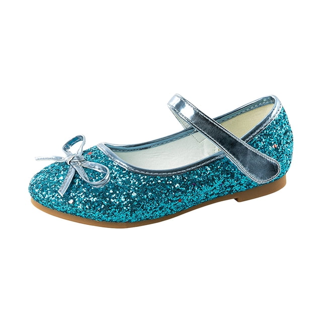 LNMQLPDBS Chaussures de Princesse pour Petites Filles Paillettes Sequins Talons Bas Chaussures de Robe de Princesse avec Nœud Fleur Fille Bout Fermé Sangle Réglable Ballerines de Mariage Chaussures Fête Danse Bleu 8-9 Ans