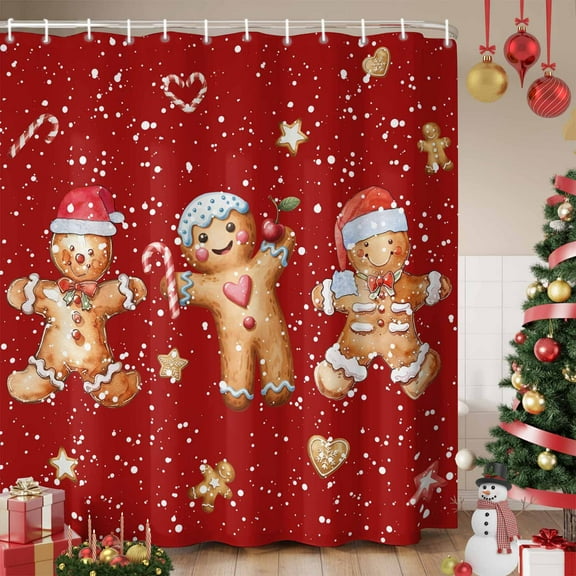 Christmas Gingerbread Man Shower Curtain, Winter Xmas Watercolor Candy Red Waterproof Fabric Shower Curtains with 12 Hooks, Bathroom Curtain Set for Bathroom Accessories Decor, 36 x 72 Inches