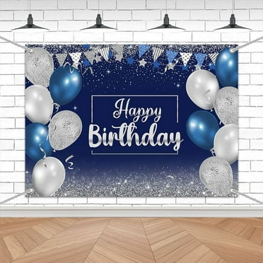 7x5FT Blue and Silver Sparkling Balloon Happy Birthday Backdrop for Party Decorations, Photography Background, Birthday Celebration Banner, Kids Birthday Event