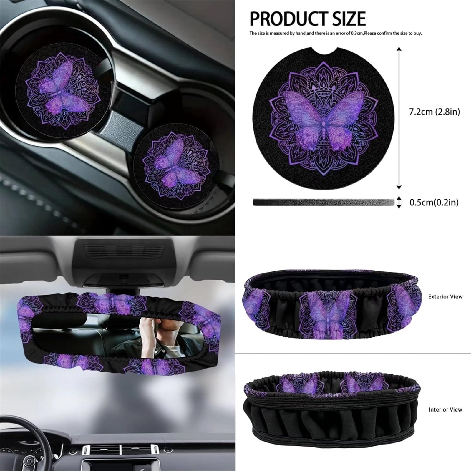 Yuyamidu 12 PCS Car Accessories Purple Butterfly Front Car Seat Covers Set Boho Steering Wheel Seat Belt Covers Armrest Pad Trash Bin Sunglass Pocket Rear View Mirror Cover Cup Coasters Key Chain
