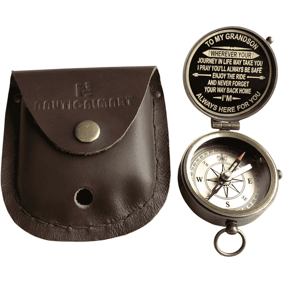 Gift for Grandson Brass Compass Engraved Quote | Memory Present to My Grandson Birthday, Baptism, Graduation, Confirmation, Love, Gift idea by Grandpa Grandma (Grandson - Always Here for You)