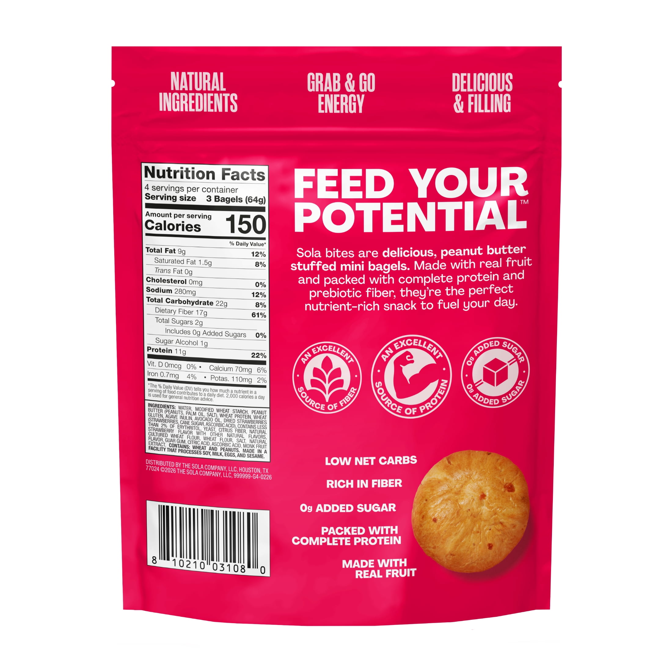 Sola PB Stuffed Strawberry Bites, 12 Energy Bites, Resealable Pouch