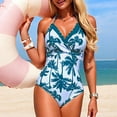 thumbnail image 3 of Felirenzacia Women's Halter One Piece Swimsuit, Palm Tree Print Cross Front V Neck Athletic Slimming Bathing Suit,Green,M, 3 of 5