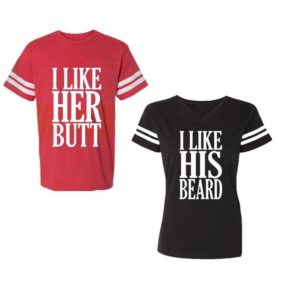 I Like Her But His Beared Unisex Couple Matching Cotton Jersey style T-Shirt Contrasting stripes on sleeves (Men Red / Women Black) (Men S / Women S)
