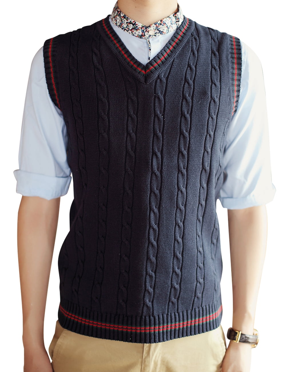 Toptie - TOPTIE Men&amp;#39;s 100% Cotton Knit Sweater Vest, V Neck Twist Knit