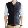 thumbnail image 4 of Toptie Men's V-Neck Cotton Twist Knit Sweater Vest Green and Red Trim Sleeveless Pullover, 4 of 9