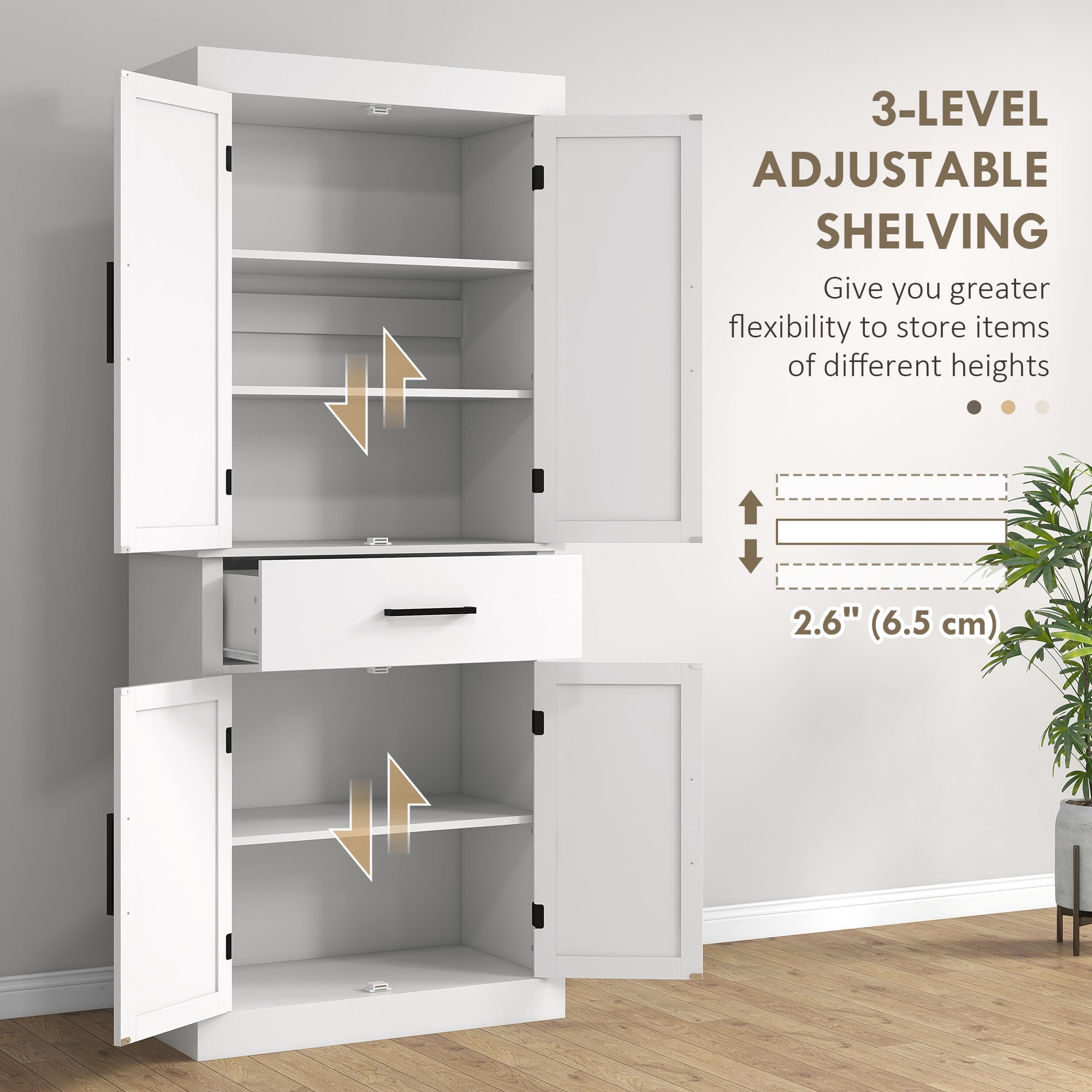 HOMCOM 72" Tall Kitchen Pantry Storage Cabinet, Farmhouse Freestanding Kitchen Cabinet with Barn Doors, Drawer and Adjustable Shelves, White