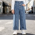 thumbnail image 5 of Bixock Jeans for Girls High Waist Straight Leg Denim Pants Kids Wide Leg Elastic Waist Solid Color Stretch Loose Fall Winter Casual Outer Wear Size 3-4Years, 5 of 6