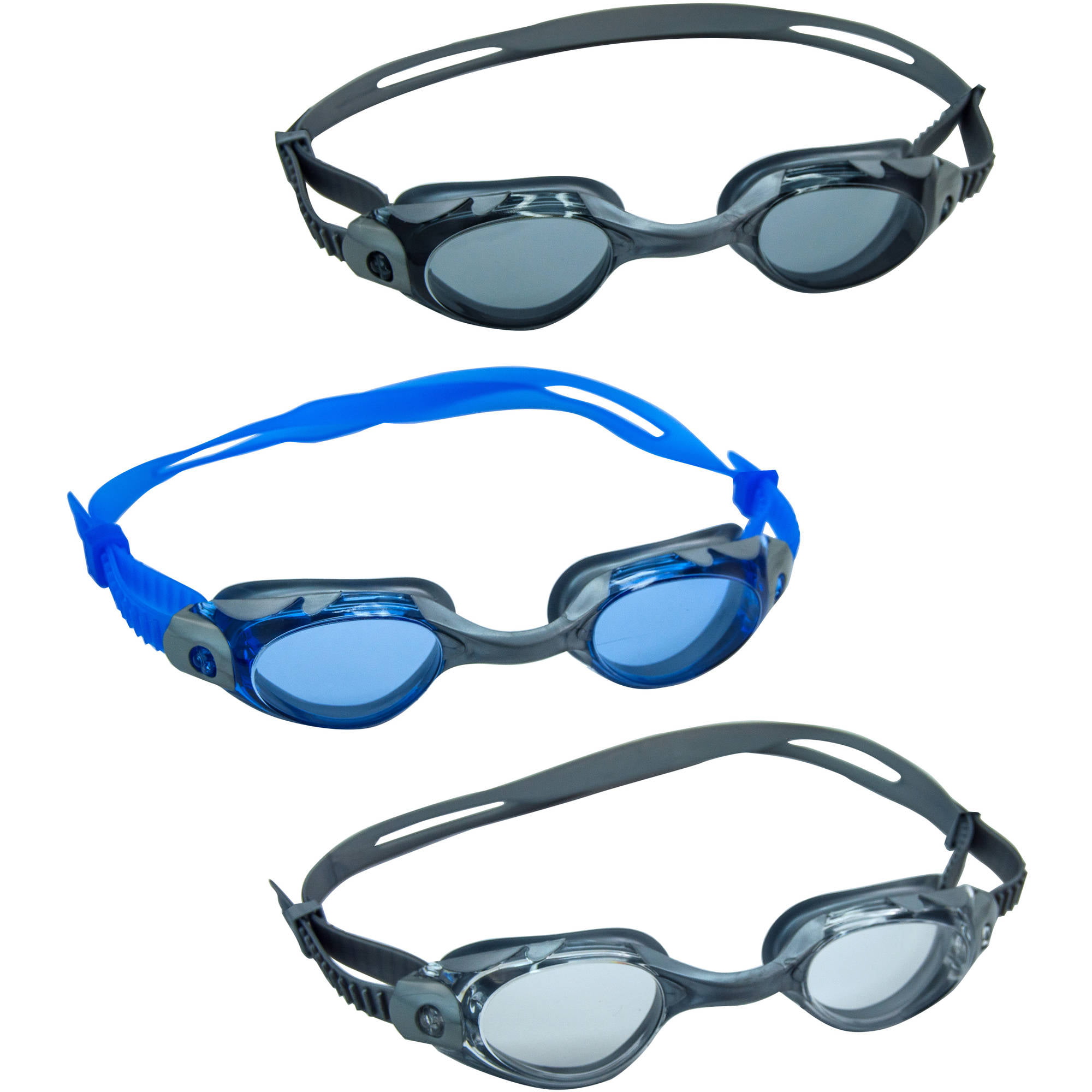 3 Pack Dolfino Adult Pacesetter Swim Goggles blue/gray/clear 