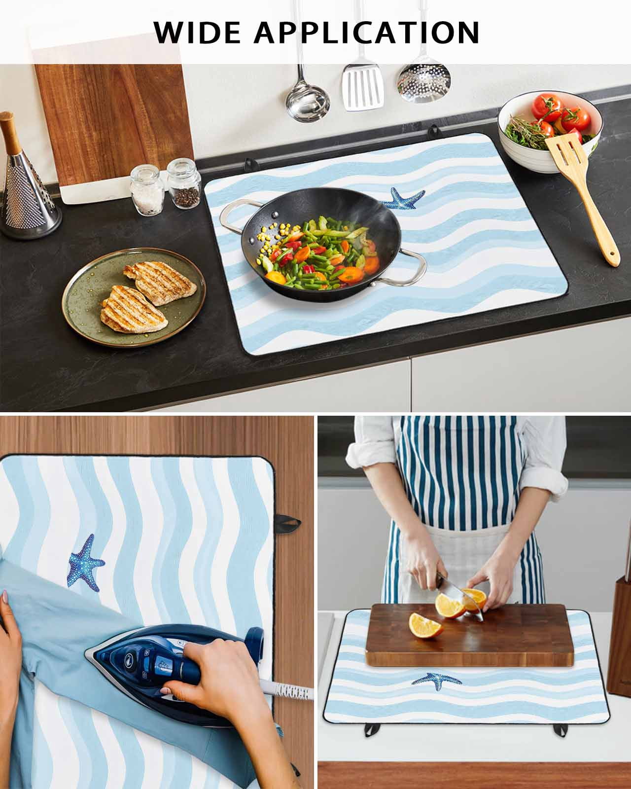 nqOlkjepod Large Induction Cooktop Protector Mat 36"x21", Blue White Striped Stove Top Covers for Electric Stove, Starfish Coastal Waves Decorative Stove Burner Cover Mats, Glass Top Stove Cover