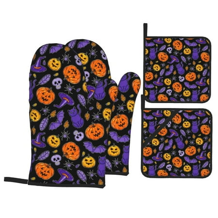 

Oven Mitts and Pot Holders 4 Piece hat bat halloween pumpkins High Heat Slip Resistant Oven Mitt and Trivets Set Kitchen Oven Glove Pot Holders for Cooking Baking Grilling