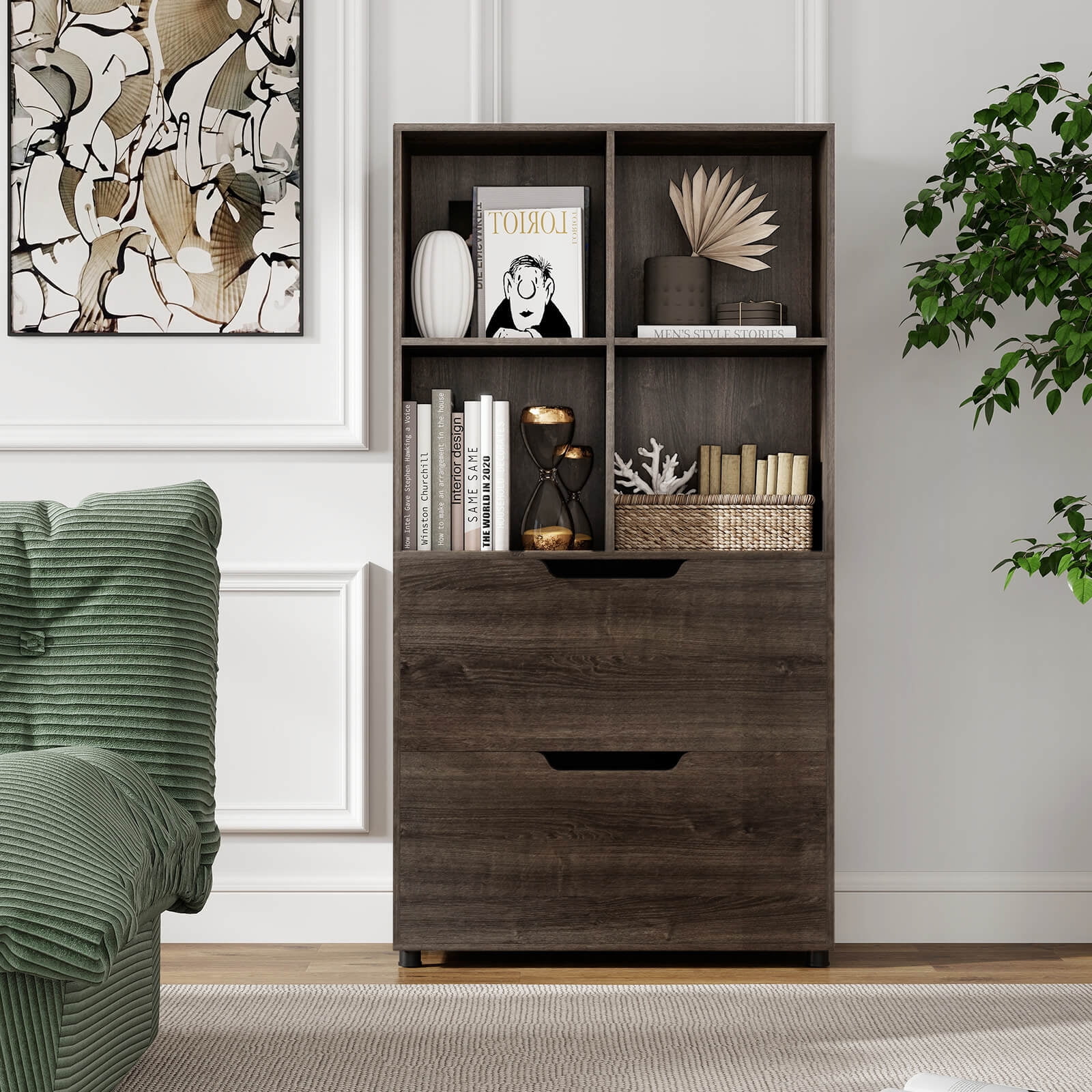 Costway 2 PCS 4-Cube Bookcase with 2 Drawers, Tall Freestanding Bookshelf for Living Room Gray