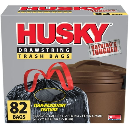 Husky Drawstring Black Trash Bags, 30 Gallon, 82