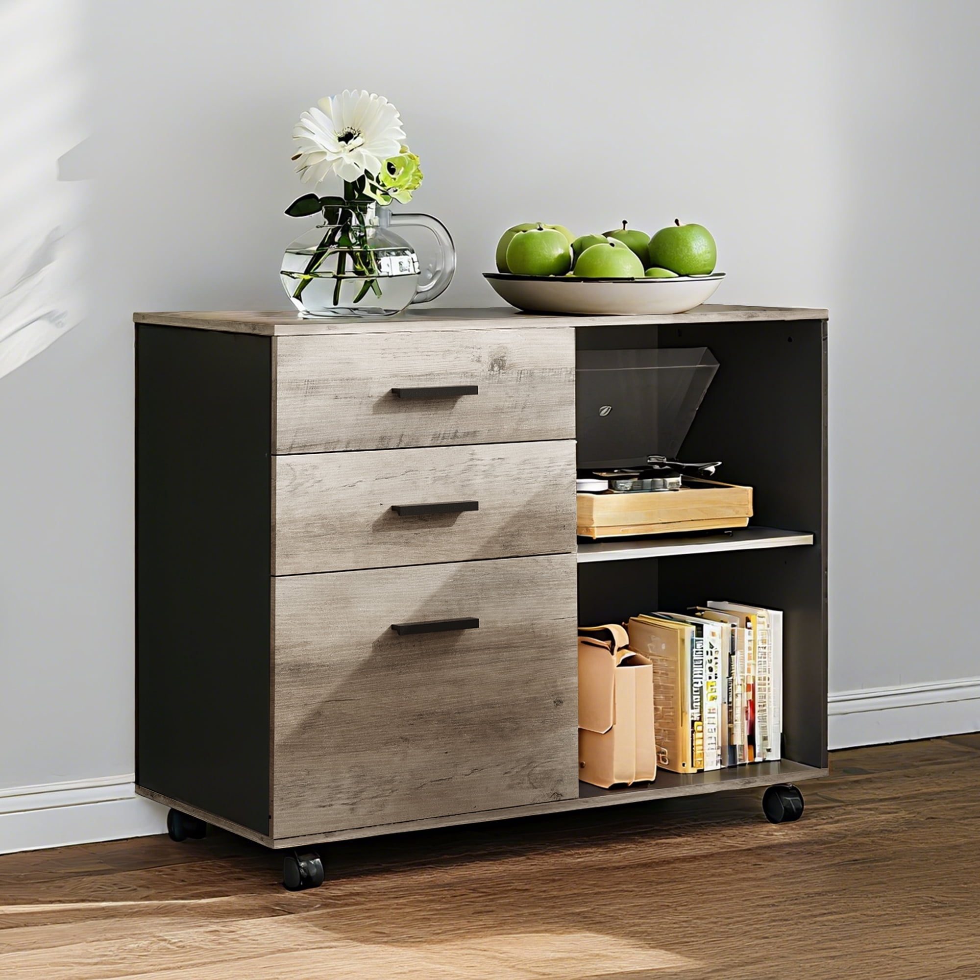 GALAXHERO 3-Drawer Filing Cabinet, Mobile Lateral File Cabinet, Printer Stand with Open Shelves, Wood Office Cabinet,Greige