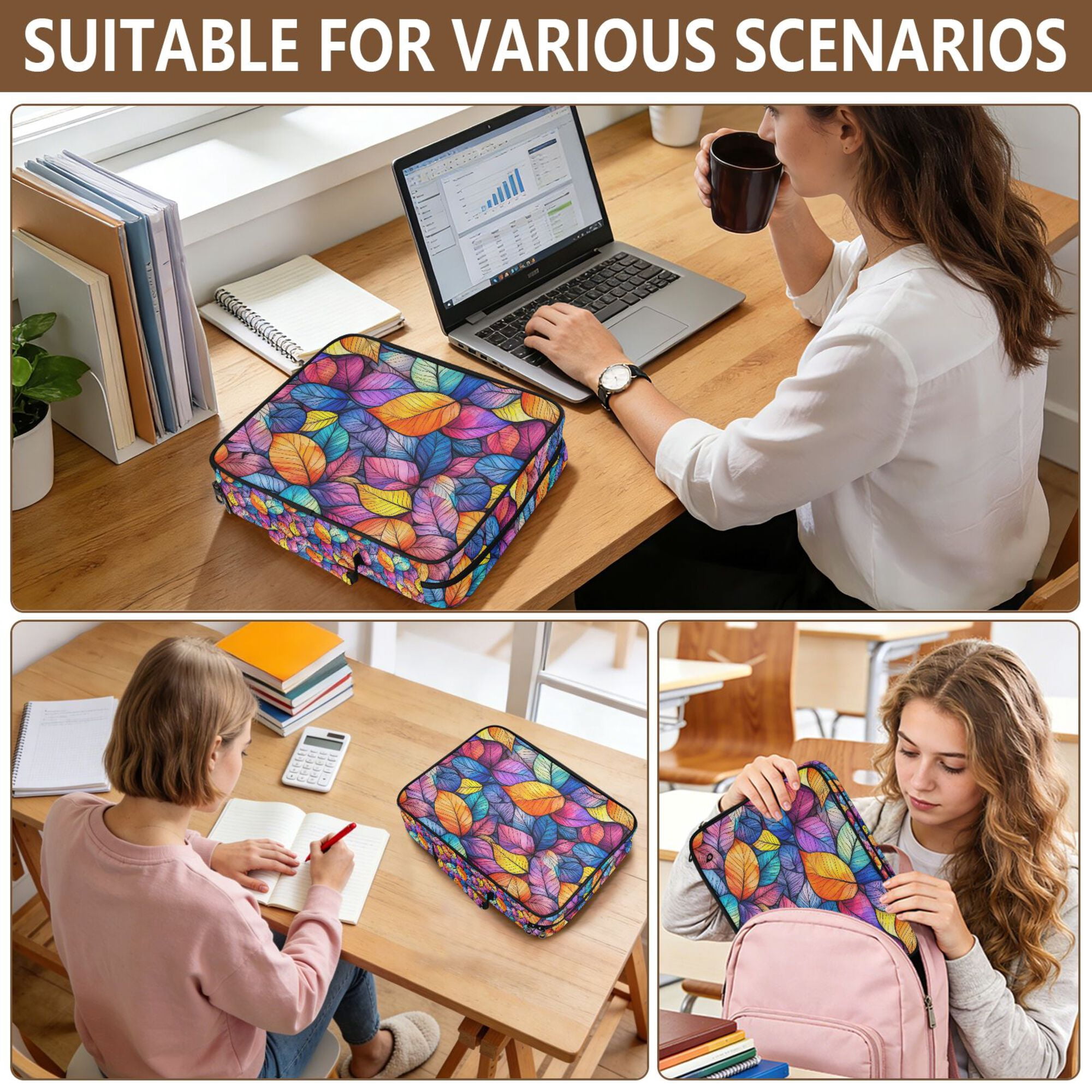 FORMRS Accordion File Folder A4 Size 7-Pocket Expanding Document Organizer Bag with 3 Ring Binder, Colorful Leaves