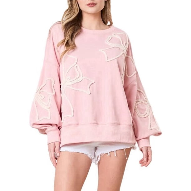 Sudadera con Cuello Redondo, Larga y Lazo para Mujer, Estilo Informal, Estilo Farol, Estilo Otoño, Estilo Y2k Rosa L